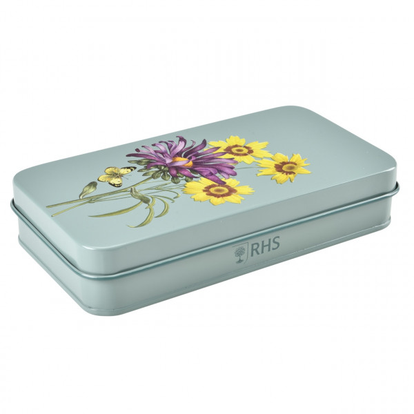 Sommeraster-Dose von der Seite | Inhalt: Gartenschere mit Holster