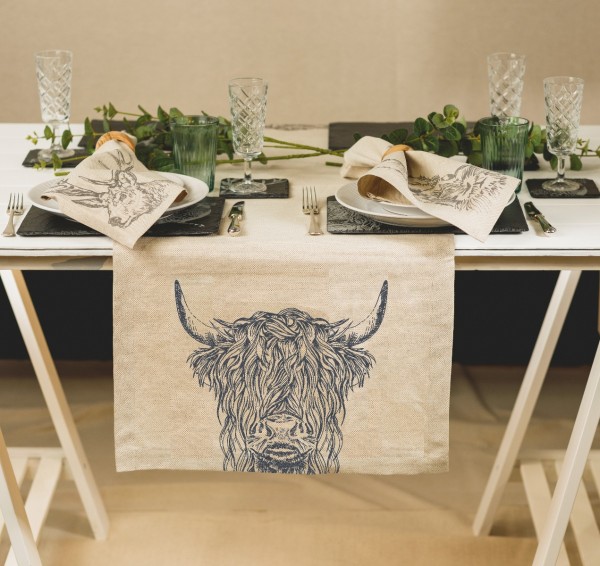 Tischläufer, Motiv Highland Cow, 50% Leinen / 50% Baumwolle