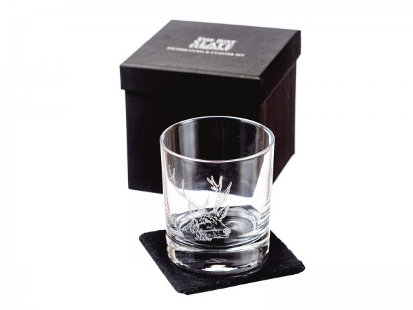 Tumbler Hirsch mit Schieferuntersetzer | Präsentbox