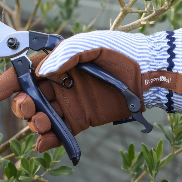 Blau gestreifte Gartenhandschuhe mit der blauen Bypass-Gartenschere