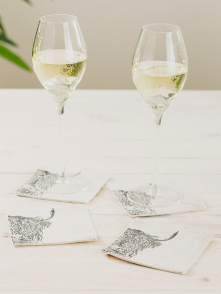 Glas-Untersetzer Highland Cow | 4er-Set | Leinen 50/50