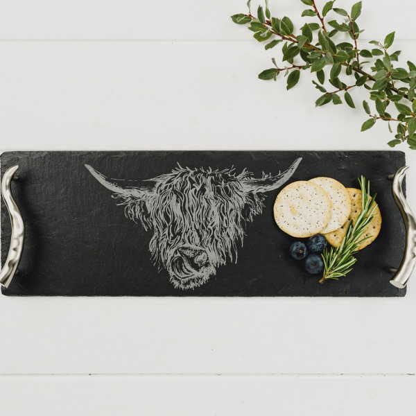 Highland Cow, Serviertablett aus Schiefer, lang und schmal