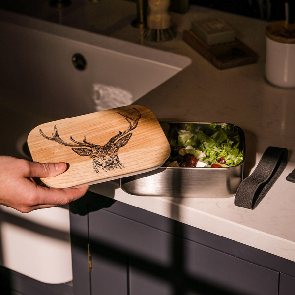 Lunchbox aus Edelstahl mit Deckel aus Eichenholz | Motiv Hirsch