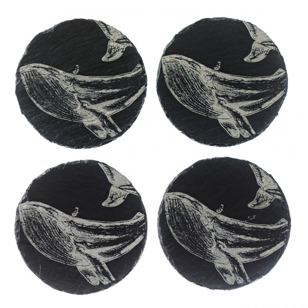 Runde Glas-Untersetzer aus Schiefer | Gravur Wal