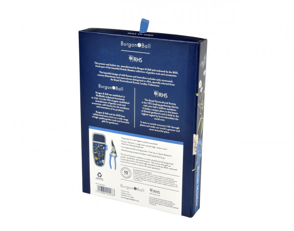 Die Rückseite der British Meadow Geschenkbox | Gartenschere mit Holster