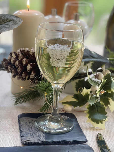 Glasuntersetzer aus Schiefer - Motiv Hochlandrind | 4er-Set | Wein-/Wasserglas Highland Cow