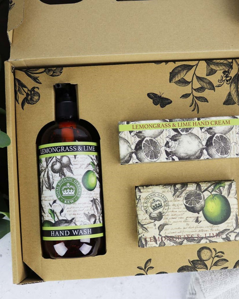 Kew Gardens Handpflege-Set | Zitronengras & Limette | 240 g Seifenstück, 500 ml Flüssigseife, Handcreme
