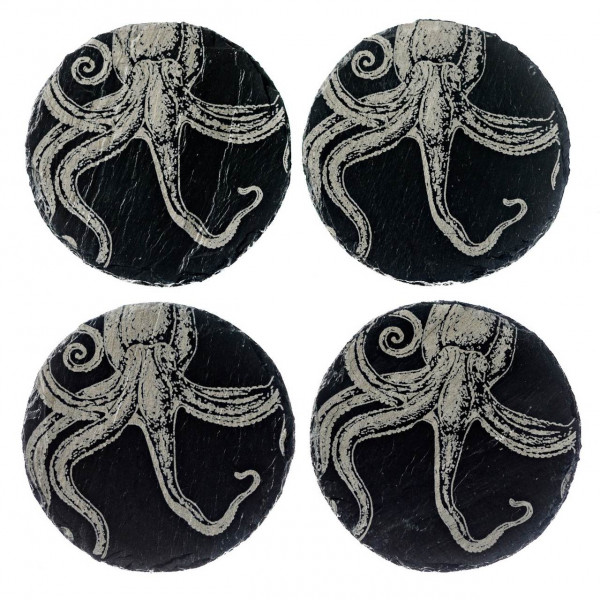 Runde Glas-Untersetzer aus Schiefer | Gravur Octopus
