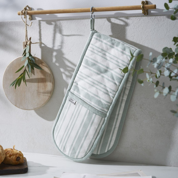 Doppelter Ofenhandschuh mit salbeigrünen Streifen | aus England